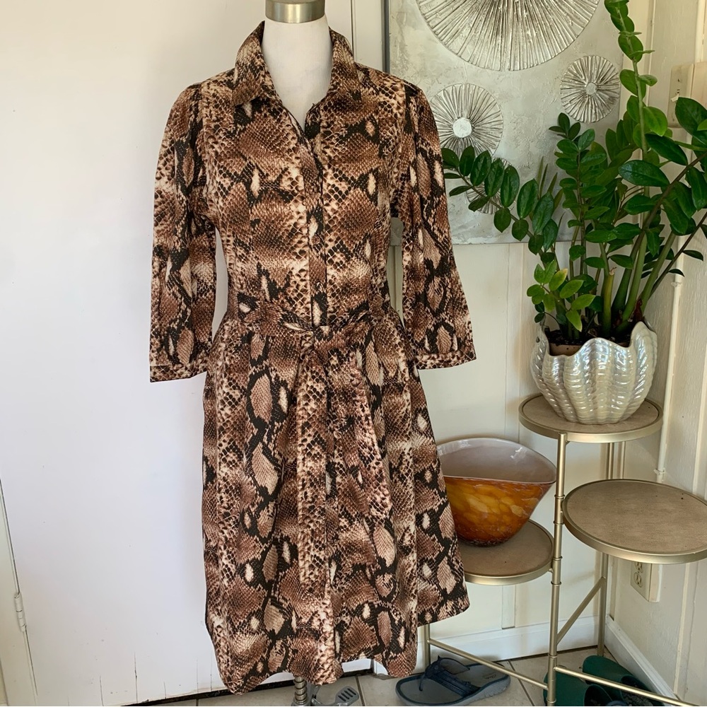 NWT Caroline Constas Brown Snake Print Button Up Midi Dress Size M